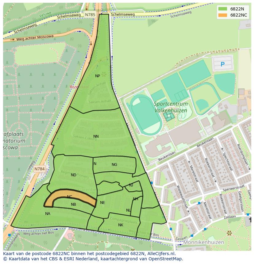 Afbeelding van het postcodegebied 6822 NC op de kaart.