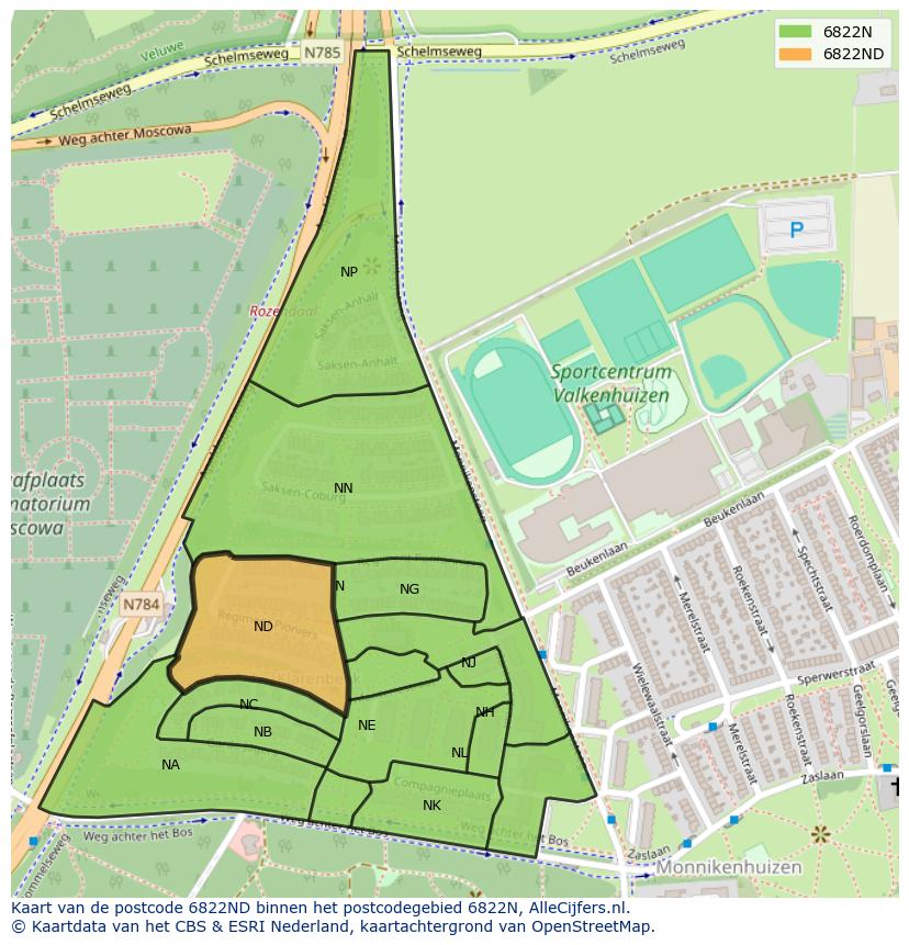 Afbeelding van het postcodegebied 6822 ND op de kaart.