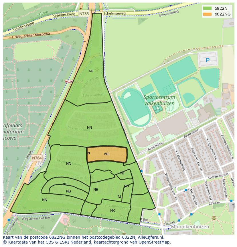 Afbeelding van het postcodegebied 6822 NG op de kaart.