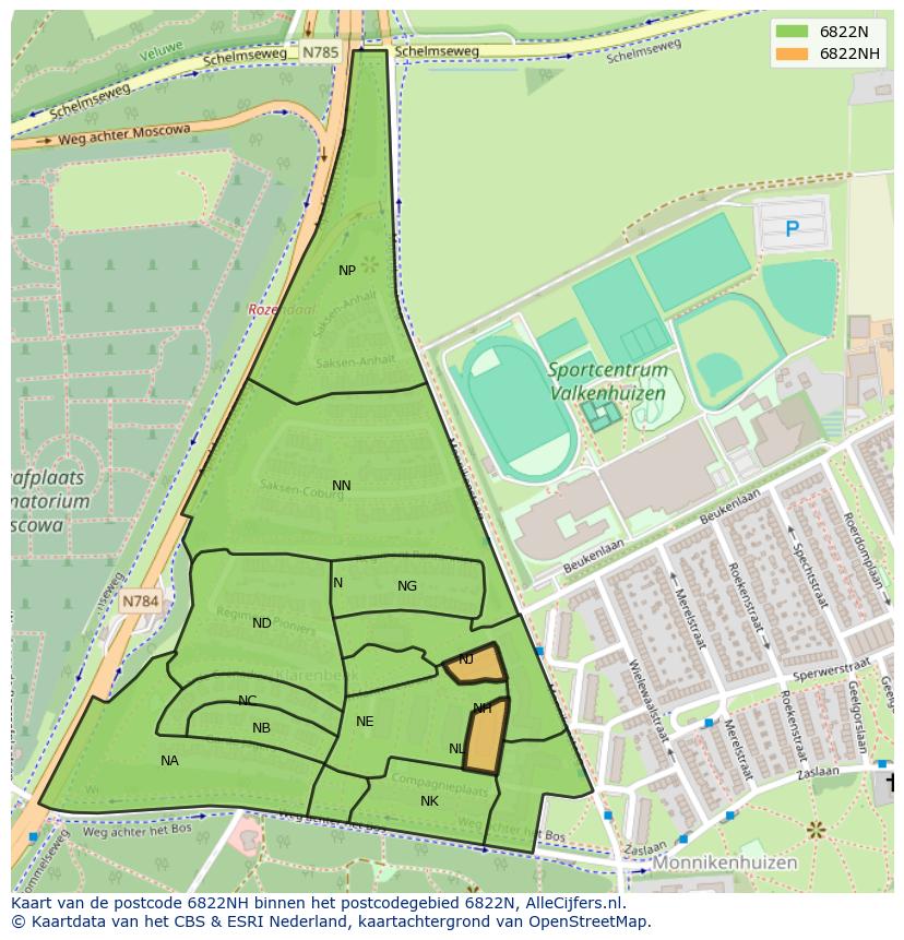 Afbeelding van het postcodegebied 6822 NH op de kaart.