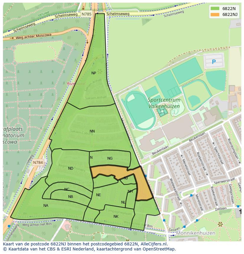 Afbeelding van het postcodegebied 6822 NJ op de kaart.