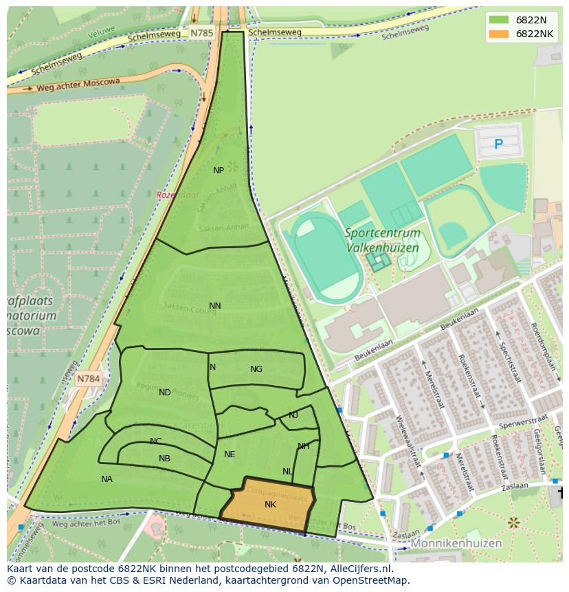 Afbeelding van het postcodegebied 6822 NK op de kaart.