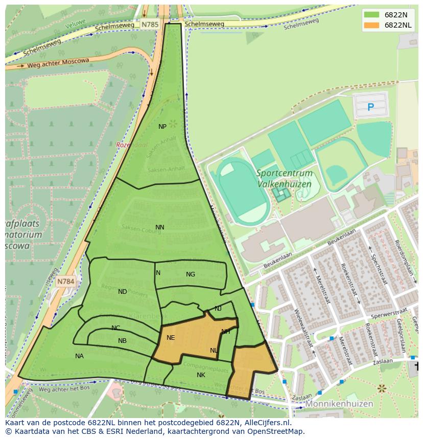 Afbeelding van het postcodegebied 6822 NL op de kaart.