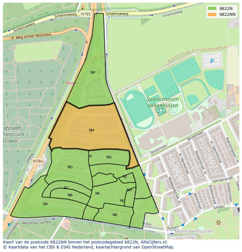 Afbeelding van het postcodegebied 6822 NN op de kaart.