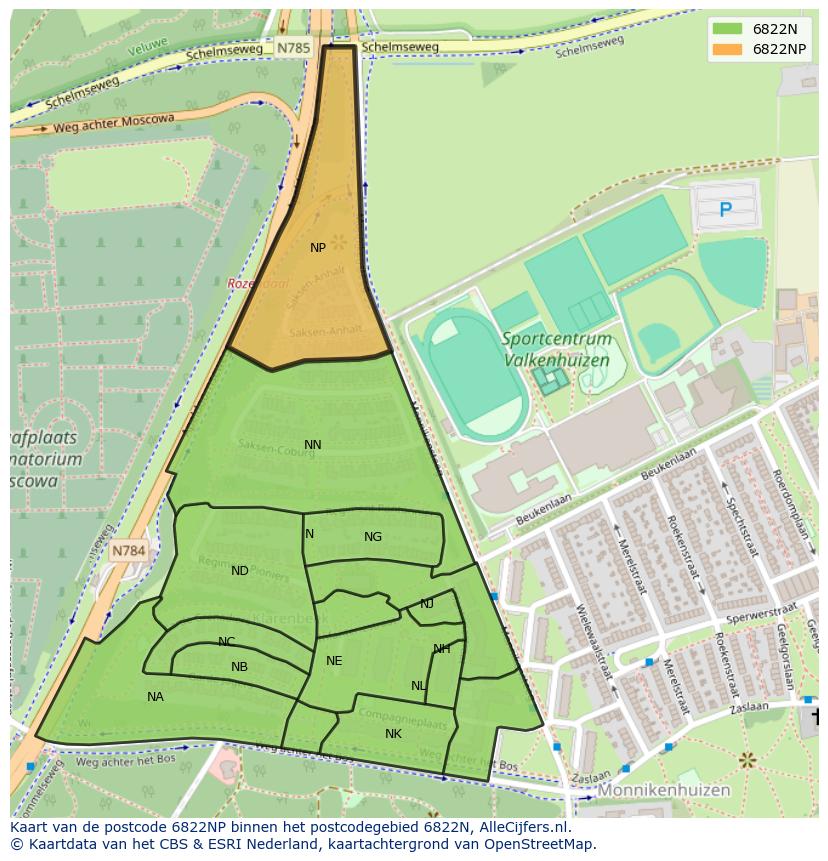 Afbeelding van het postcodegebied 6822 NP op de kaart.