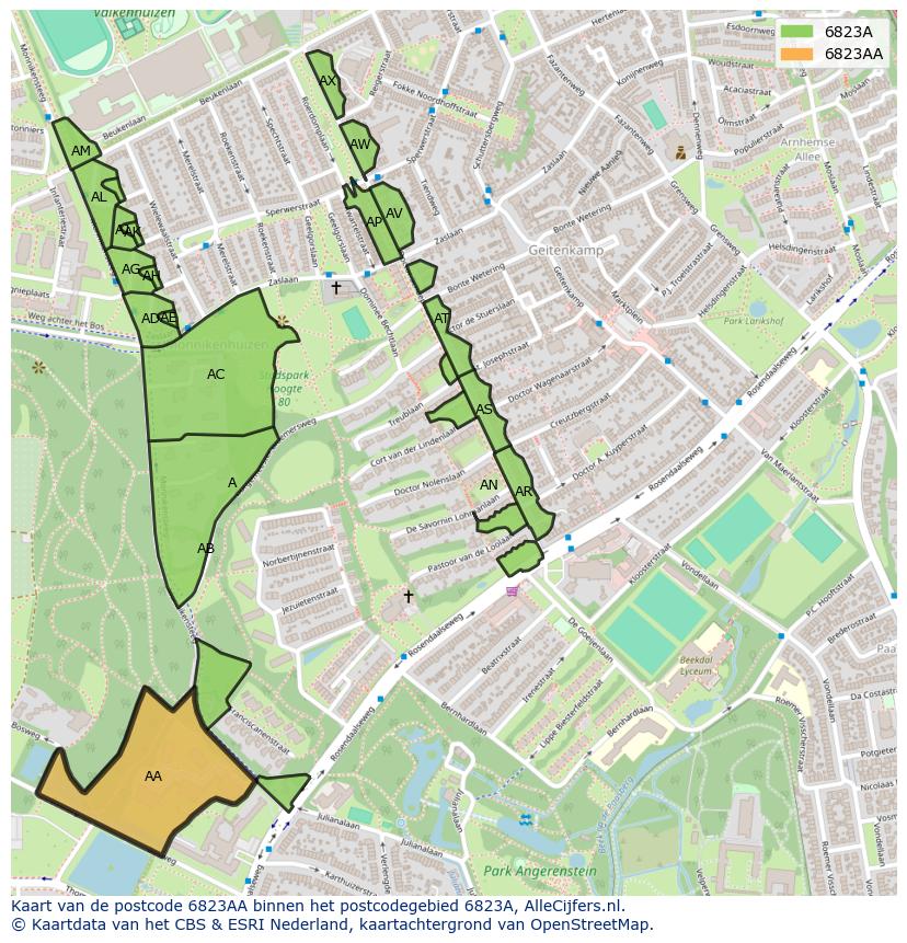 Afbeelding van het postcodegebied 6823 AA op de kaart.