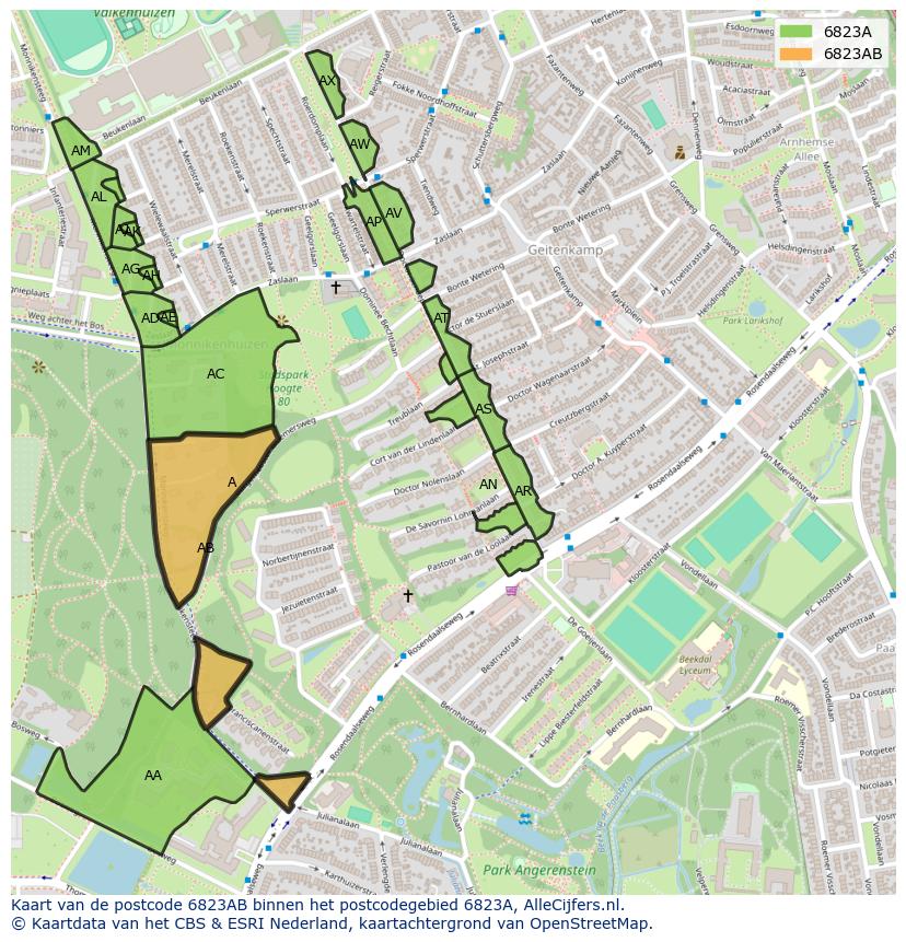 Afbeelding van het postcodegebied 6823 AB op de kaart.