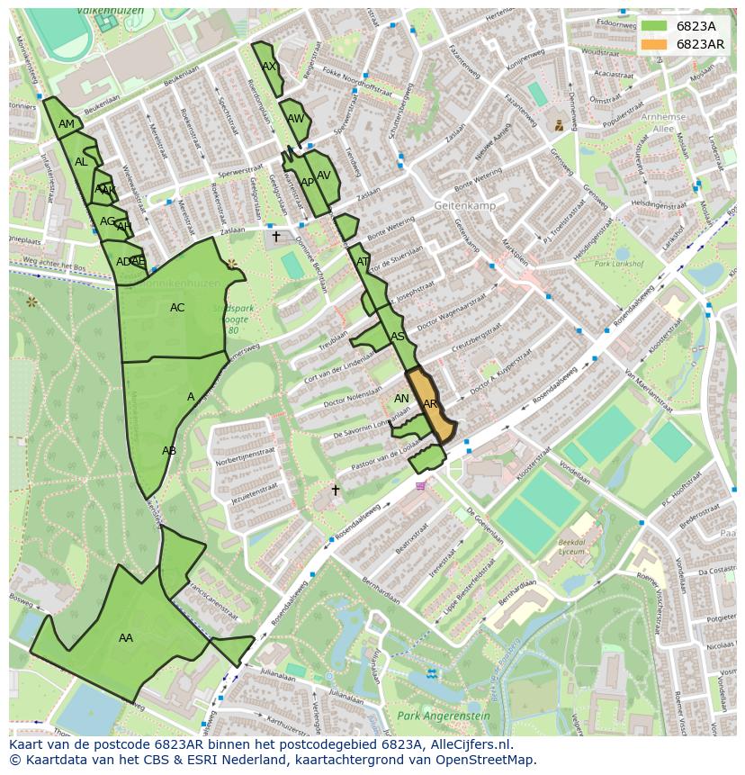 Afbeelding van het postcodegebied 6823 AR op de kaart.