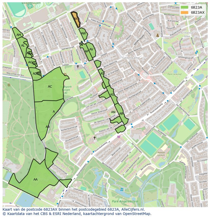 Afbeelding van het postcodegebied 6823 AX op de kaart.