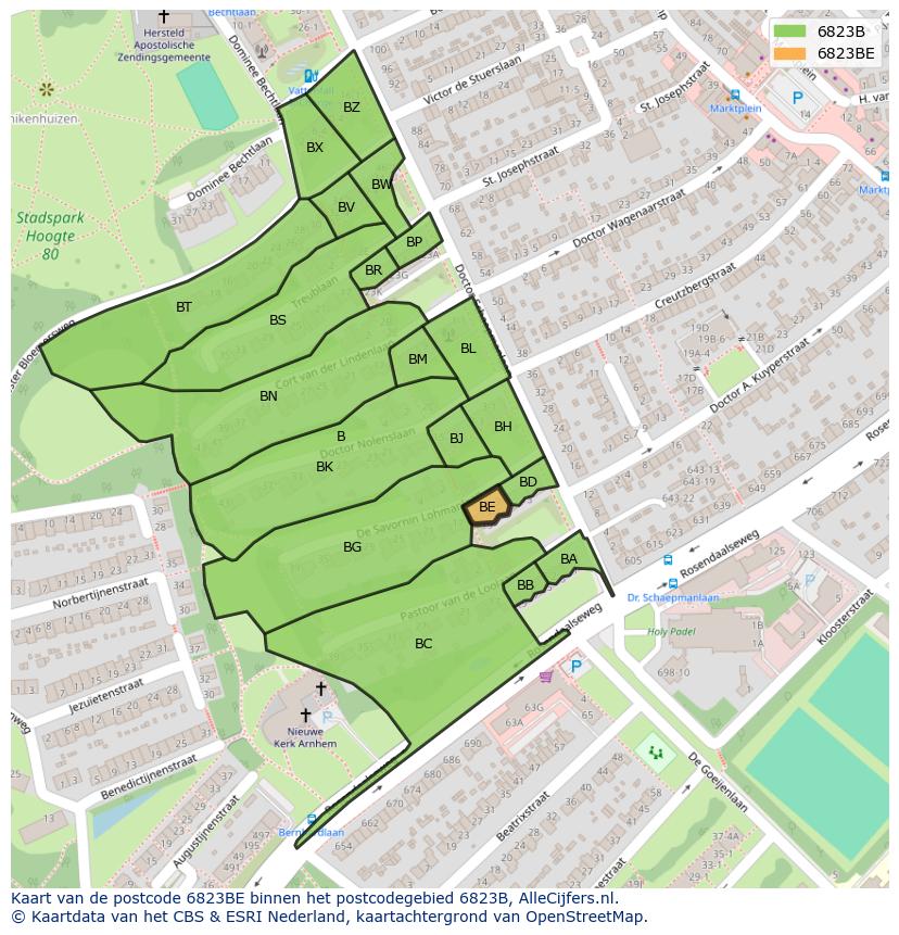 Afbeelding van het postcodegebied 6823 BE op de kaart.