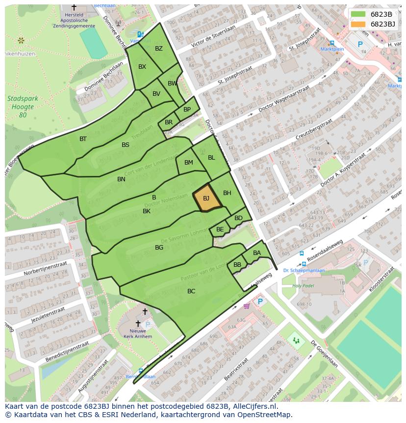 Afbeelding van het postcodegebied 6823 BJ op de kaart.