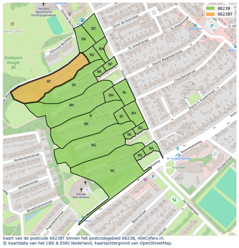 Afbeelding van het postcodegebied 6823 BT op de kaart.
