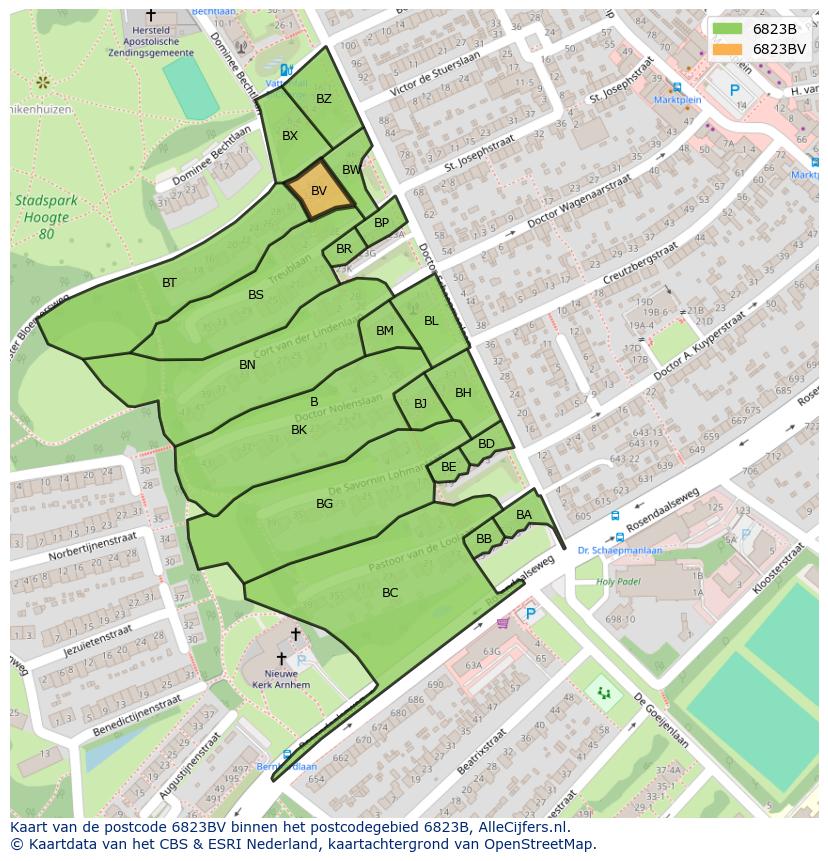 Afbeelding van het postcodegebied 6823 BV op de kaart.