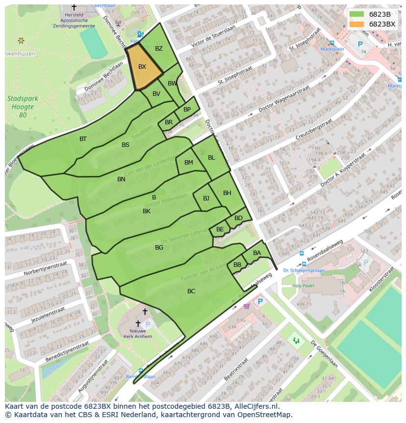 Afbeelding van het postcodegebied 6823 BX op de kaart.