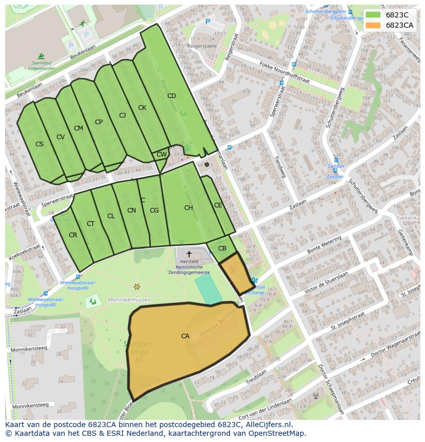 Afbeelding van het postcodegebied 6823 CA op de kaart.