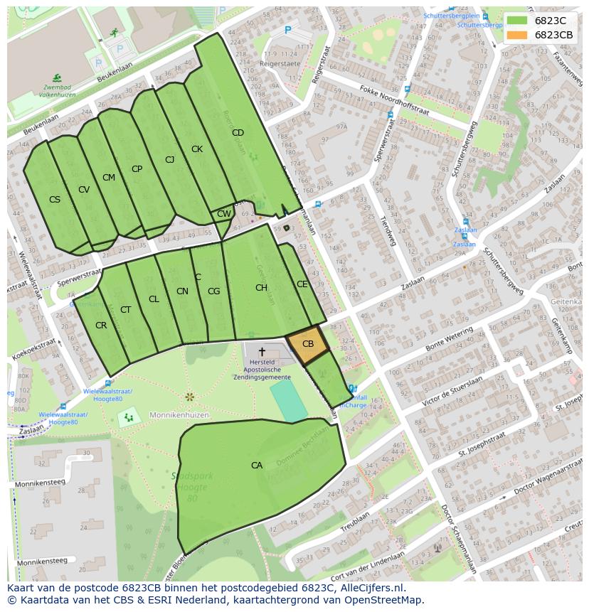 Afbeelding van het postcodegebied 6823 CB op de kaart.
