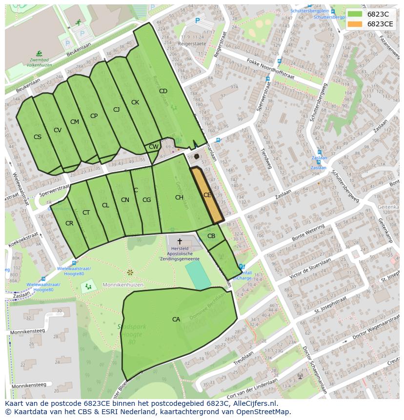 Afbeelding van het postcodegebied 6823 CE op de kaart.