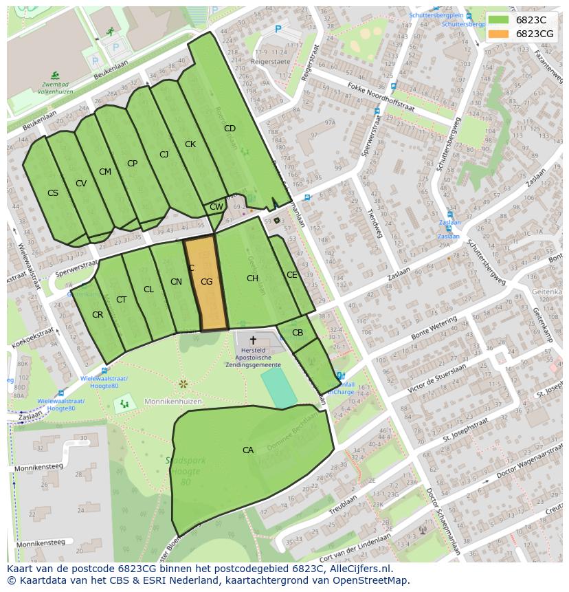 Afbeelding van het postcodegebied 6823 CG op de kaart.