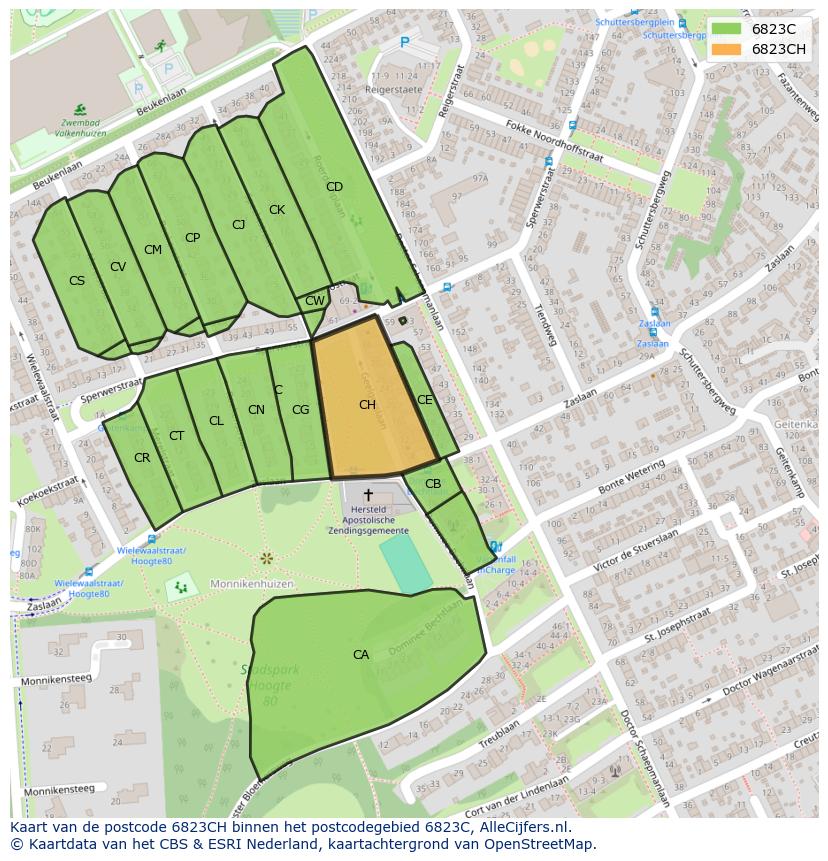 Afbeelding van het postcodegebied 6823 CH op de kaart.