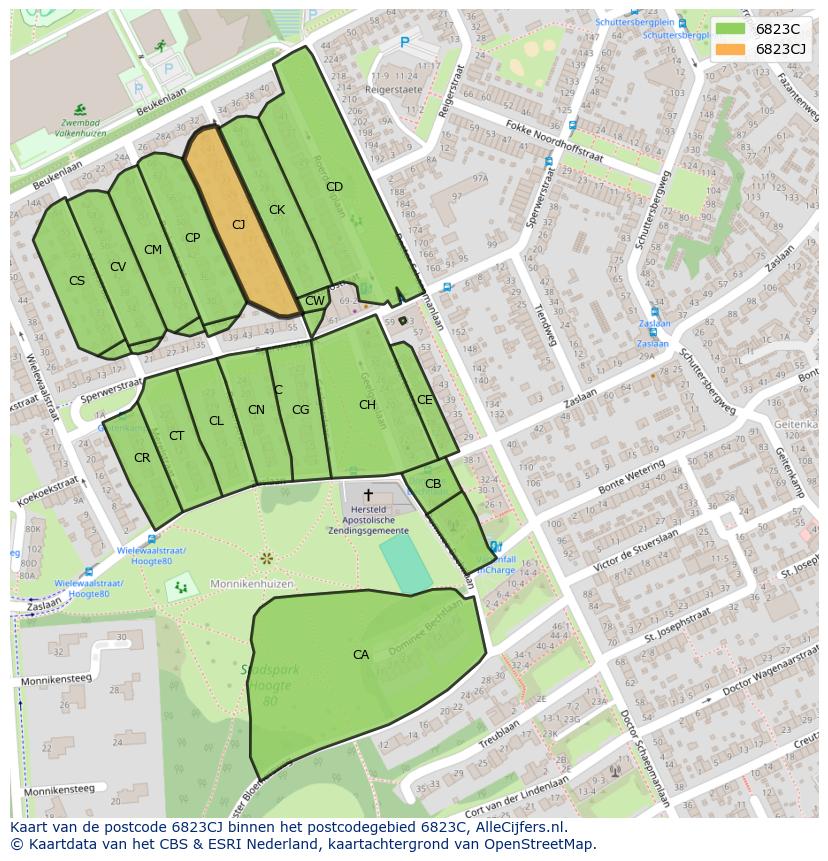 Afbeelding van het postcodegebied 6823 CJ op de kaart.