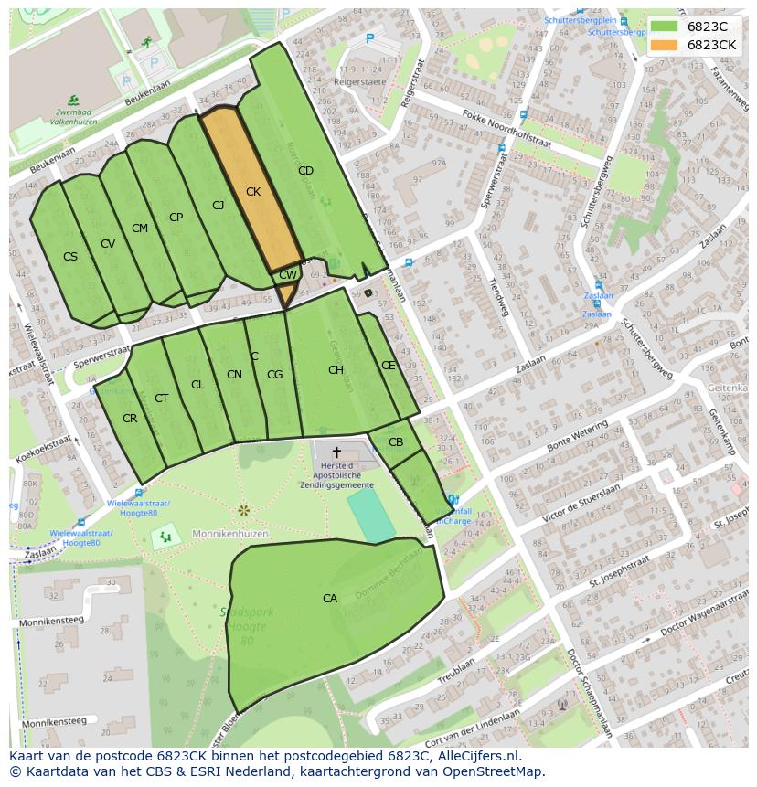 Afbeelding van het postcodegebied 6823 CK op de kaart.