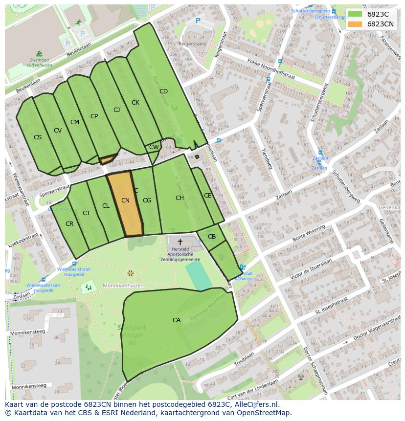 Afbeelding van het postcodegebied 6823 CN op de kaart.