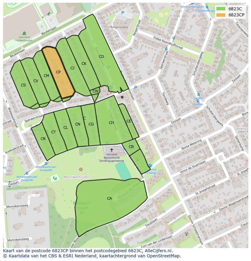 Afbeelding van het postcodegebied 6823 CP op de kaart.