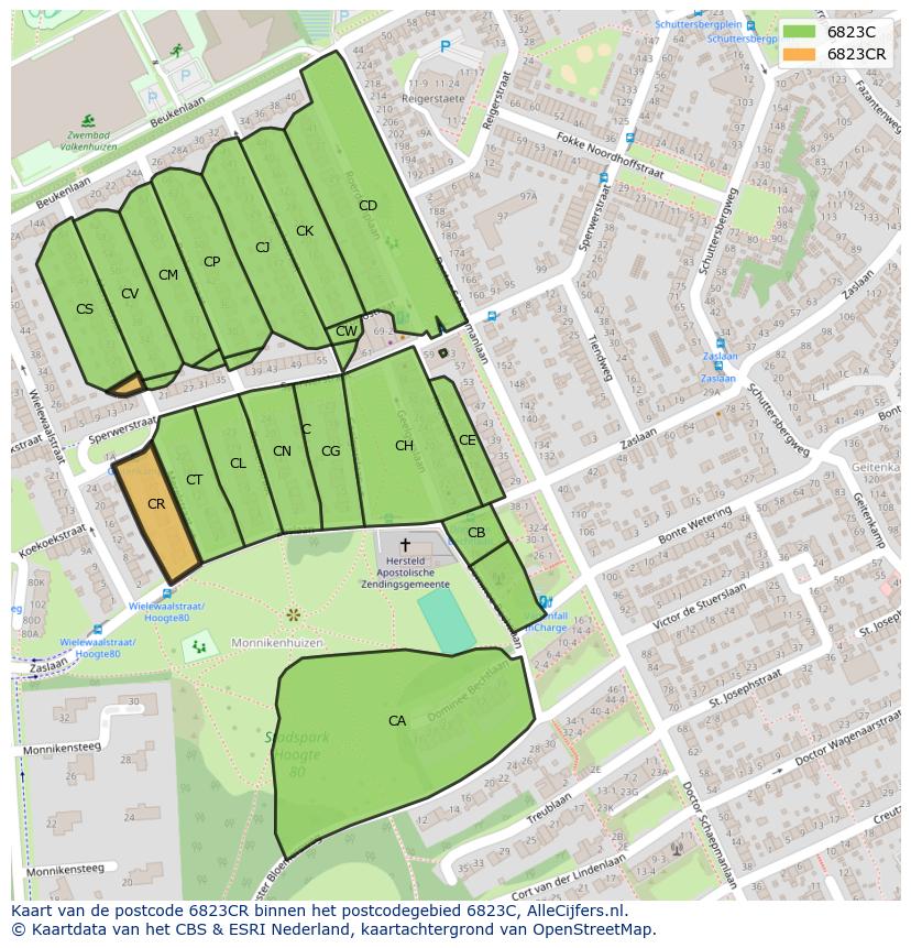 Afbeelding van het postcodegebied 6823 CR op de kaart.