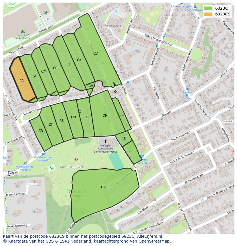 Afbeelding van het postcodegebied 6823 CS op de kaart.
