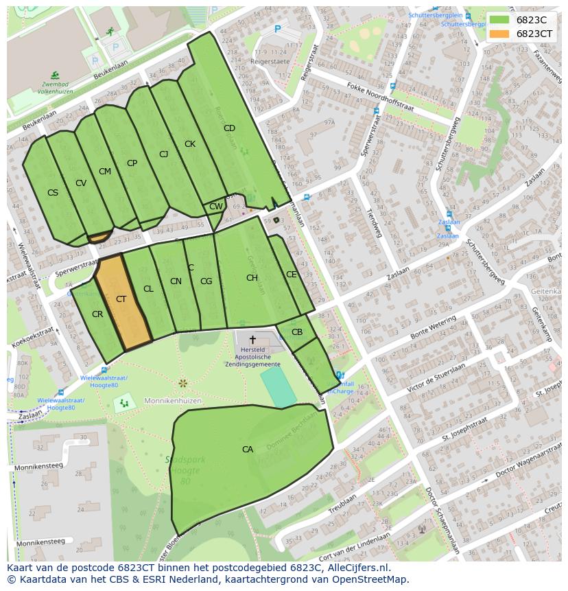 Afbeelding van het postcodegebied 6823 CT op de kaart.