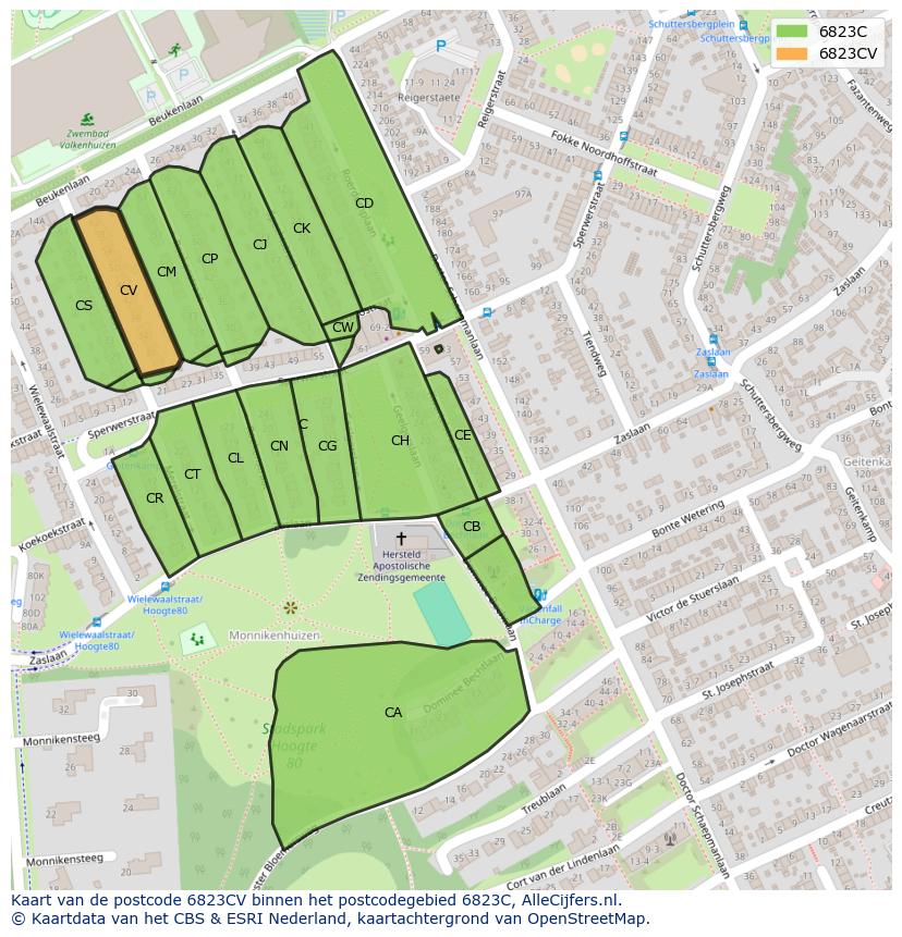 Afbeelding van het postcodegebied 6823 CV op de kaart.