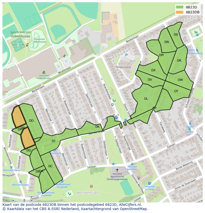 Afbeelding van het postcodegebied 6823 DB op de kaart.