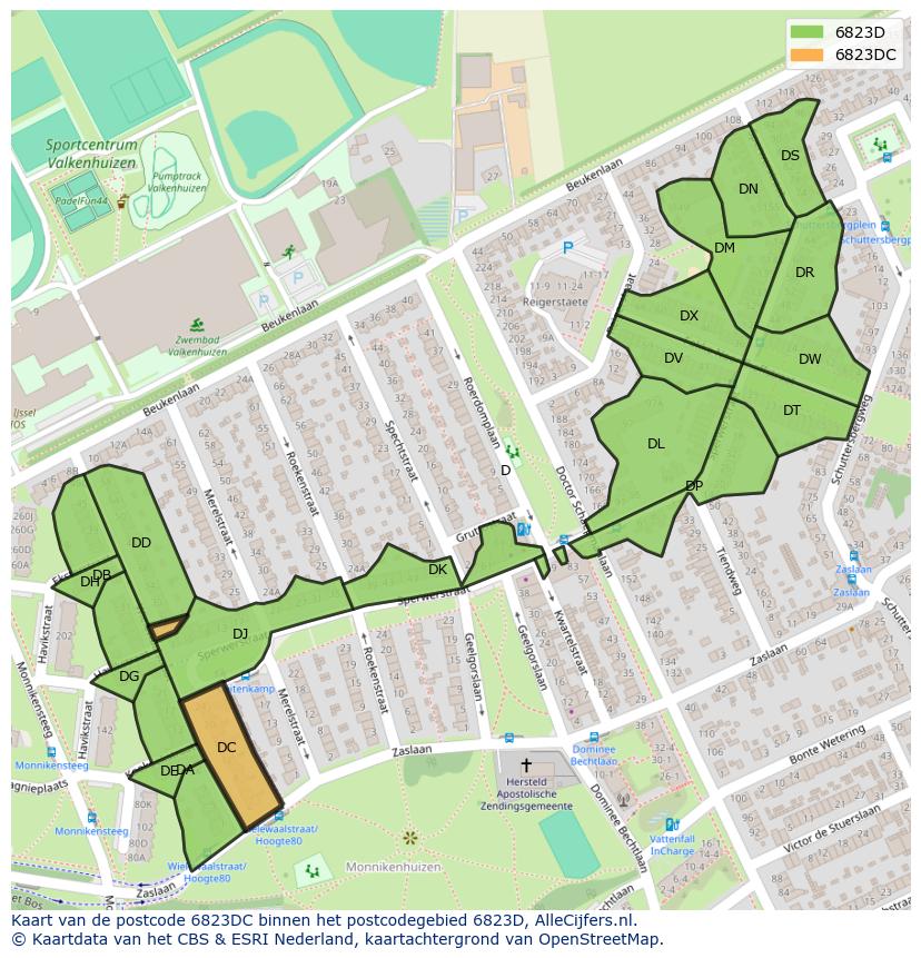 Afbeelding van het postcodegebied 6823 DC op de kaart.