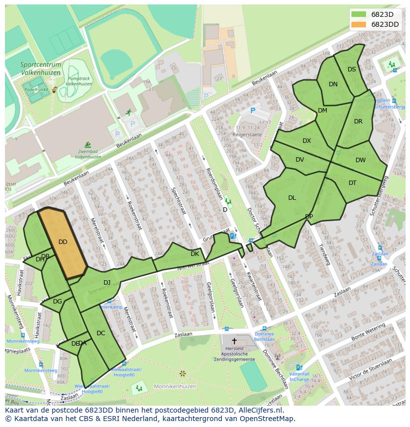 Afbeelding van het postcodegebied 6823 DD op de kaart.