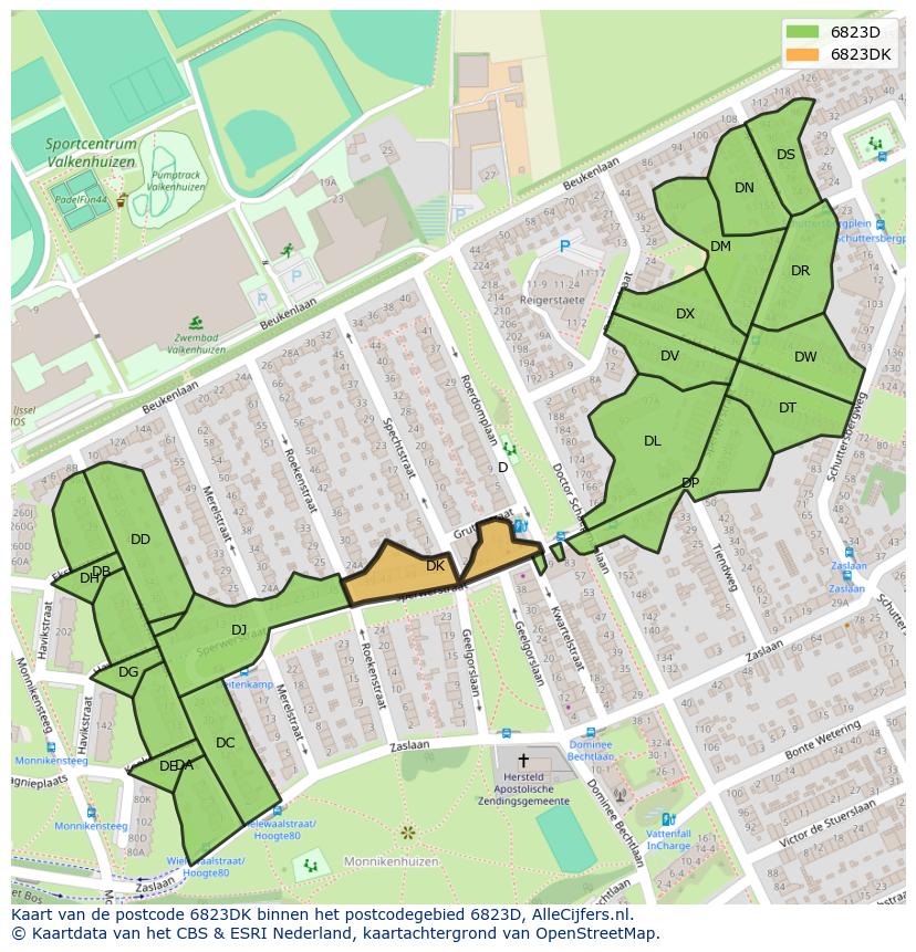 Afbeelding van het postcodegebied 6823 DK op de kaart.