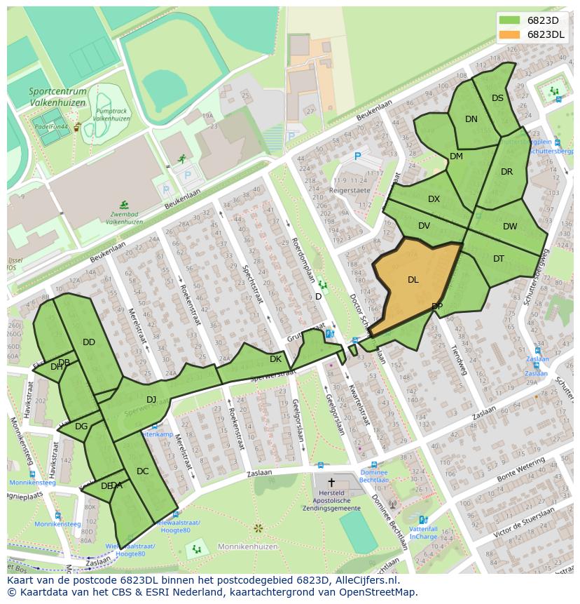 Afbeelding van het postcodegebied 6823 DL op de kaart.