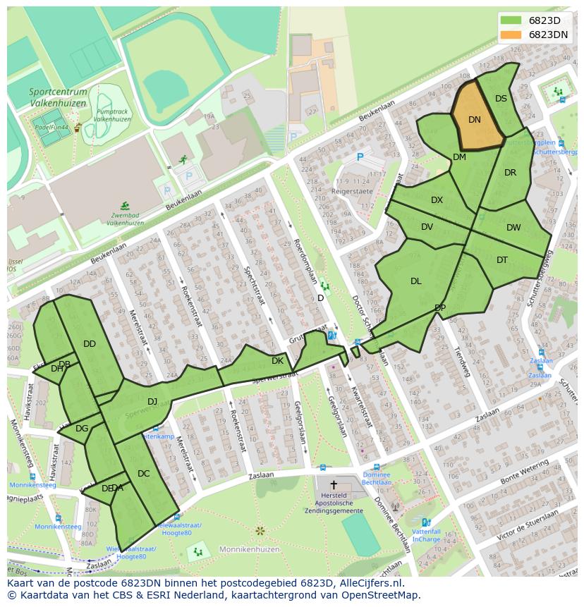 Afbeelding van het postcodegebied 6823 DN op de kaart.