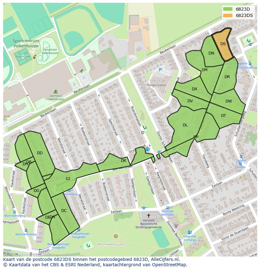 Afbeelding van het postcodegebied 6823 DS op de kaart.