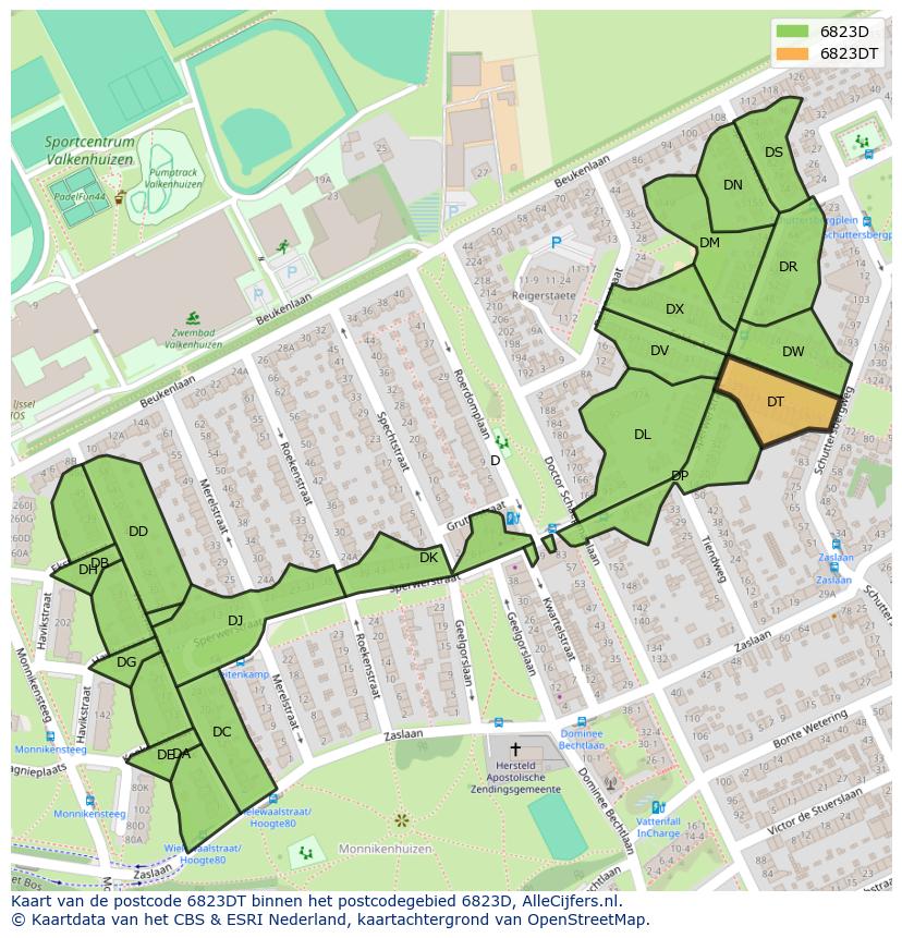 Afbeelding van het postcodegebied 6823 DT op de kaart.