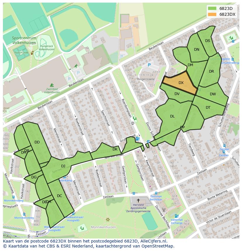 Afbeelding van het postcodegebied 6823 DX op de kaart.