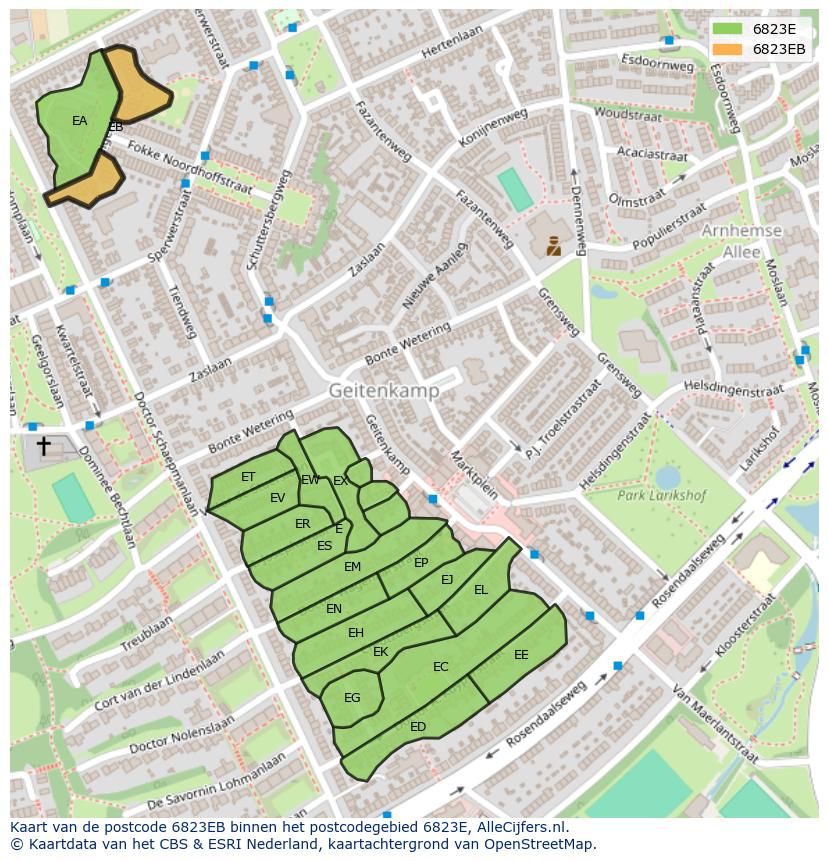 Afbeelding van het postcodegebied 6823 EB op de kaart.