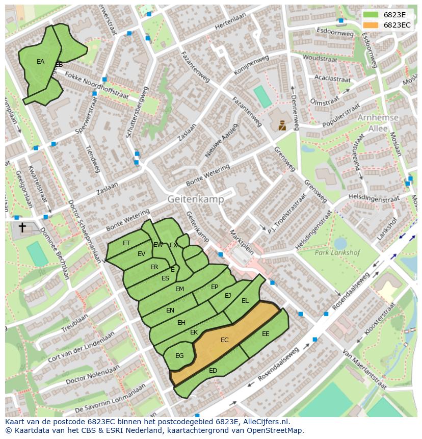 Afbeelding van het postcodegebied 6823 EC op de kaart.
