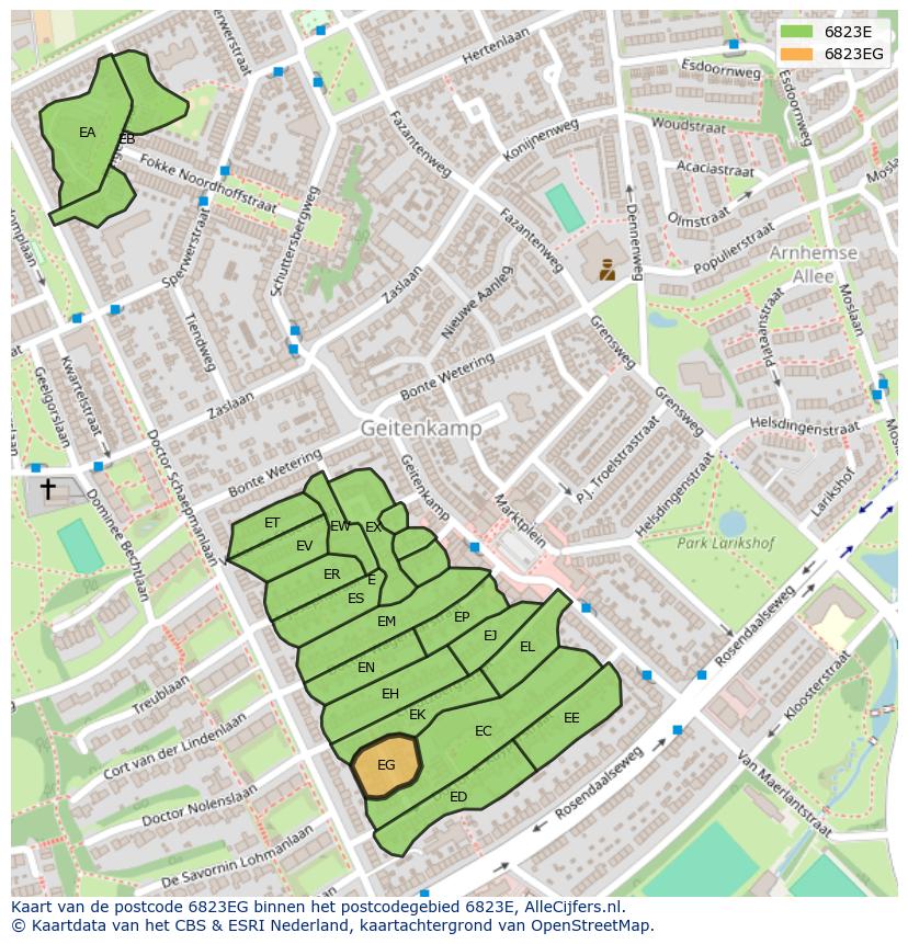 Afbeelding van het postcodegebied 6823 EG op de kaart.