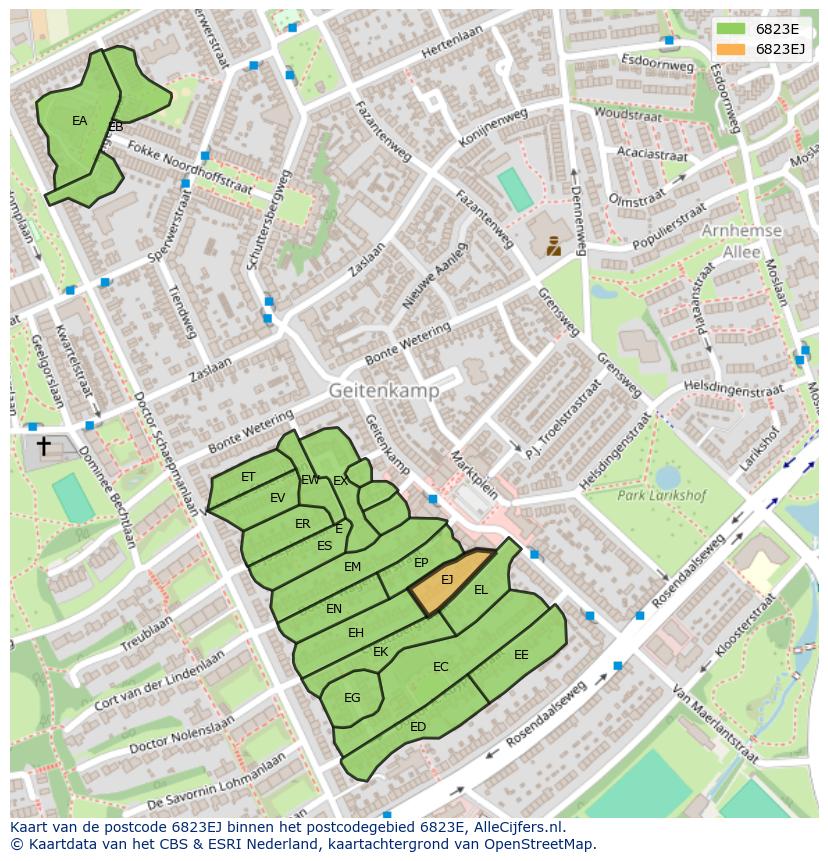Afbeelding van het postcodegebied 6823 EJ op de kaart.