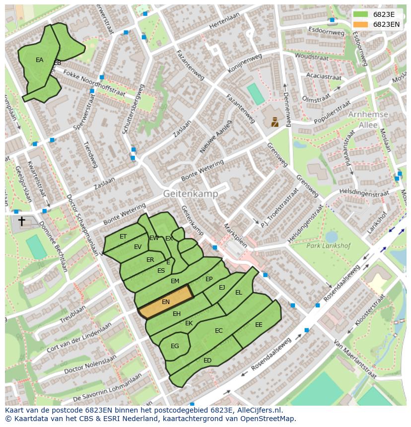 Afbeelding van het postcodegebied 6823 EN op de kaart.