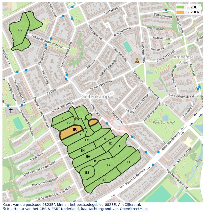 Afbeelding van het postcodegebied 6823 ER op de kaart.