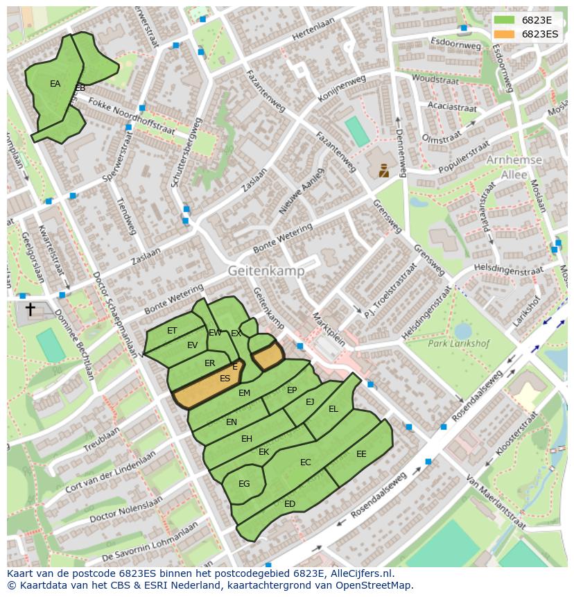 Afbeelding van het postcodegebied 6823 ES op de kaart.