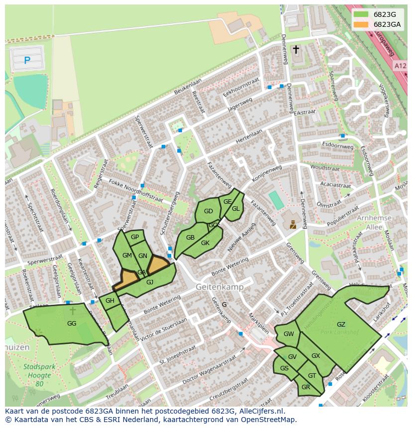 Afbeelding van het postcodegebied 6823 GA op de kaart.