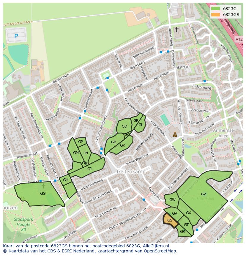 Afbeelding van het postcodegebied 6823 GS op de kaart.