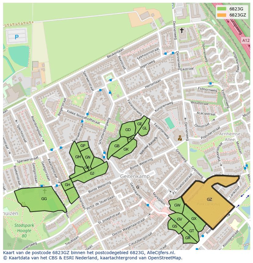 Afbeelding van het postcodegebied 6823 GZ op de kaart.